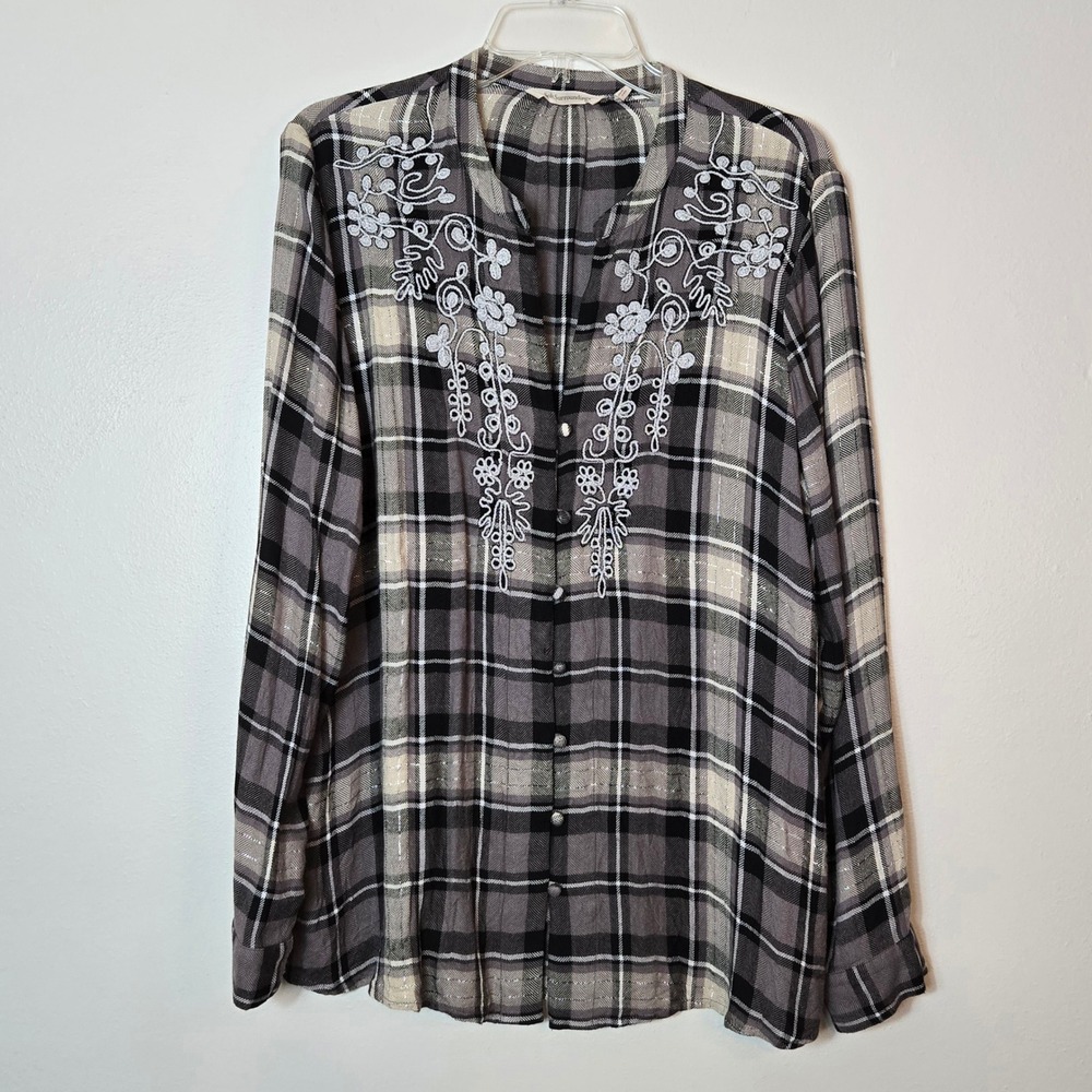 Soft‎ Surroundings XL Plaid Embroidered Button Down Blouse Gray Metallic 2CQ80